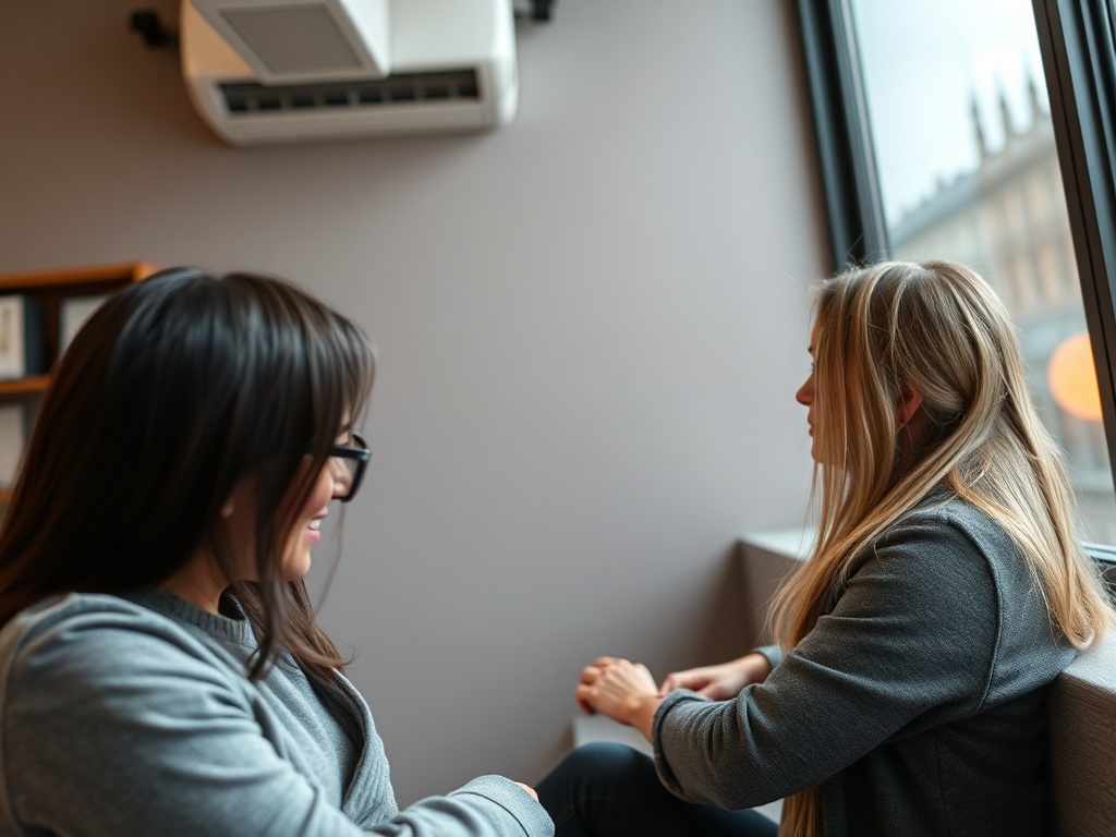 Две женщины обсуждают что-то у окна в уютном помещении, за которым видна городская улица.