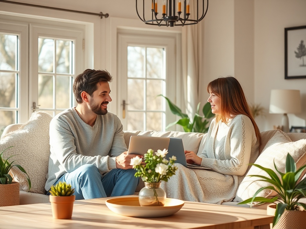 Мужчина и женщина общаются в уютной комнате с большим количеством зелени и светом.