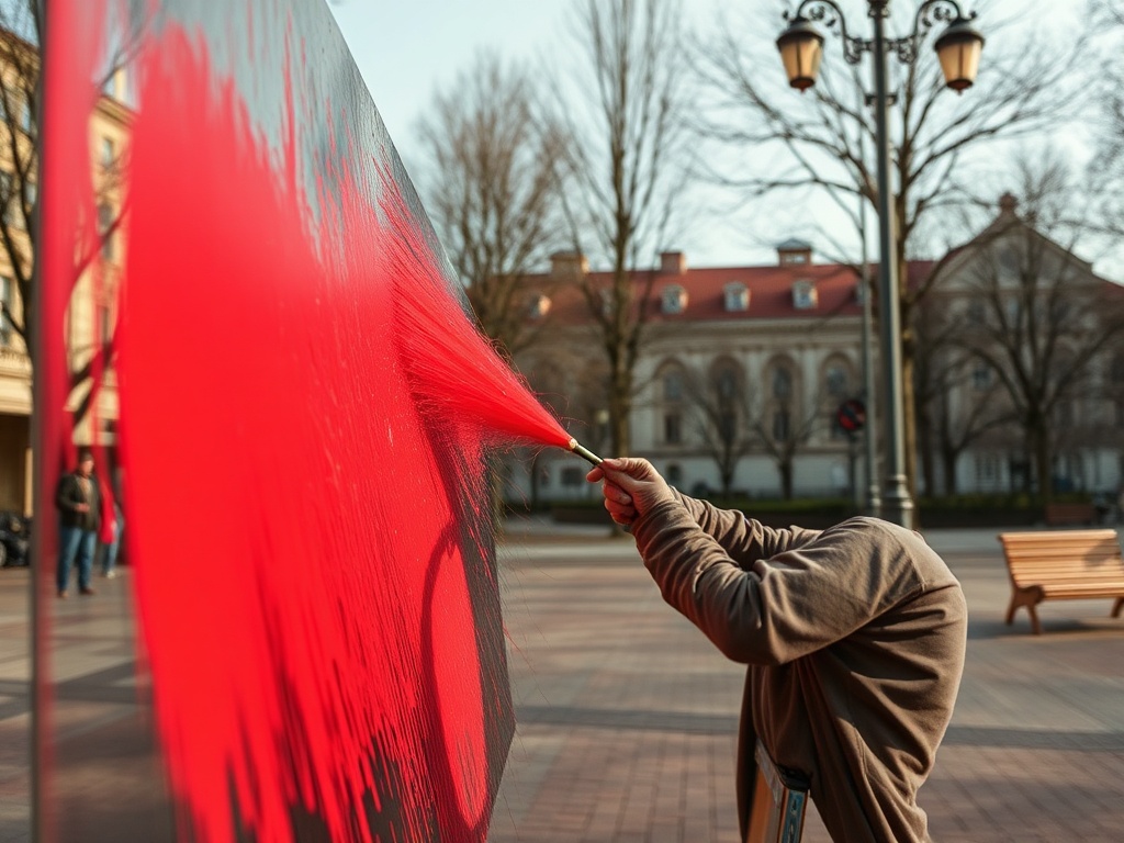 Человек рисует на огромном холсте, создавая яркий красный узор на фоне города.