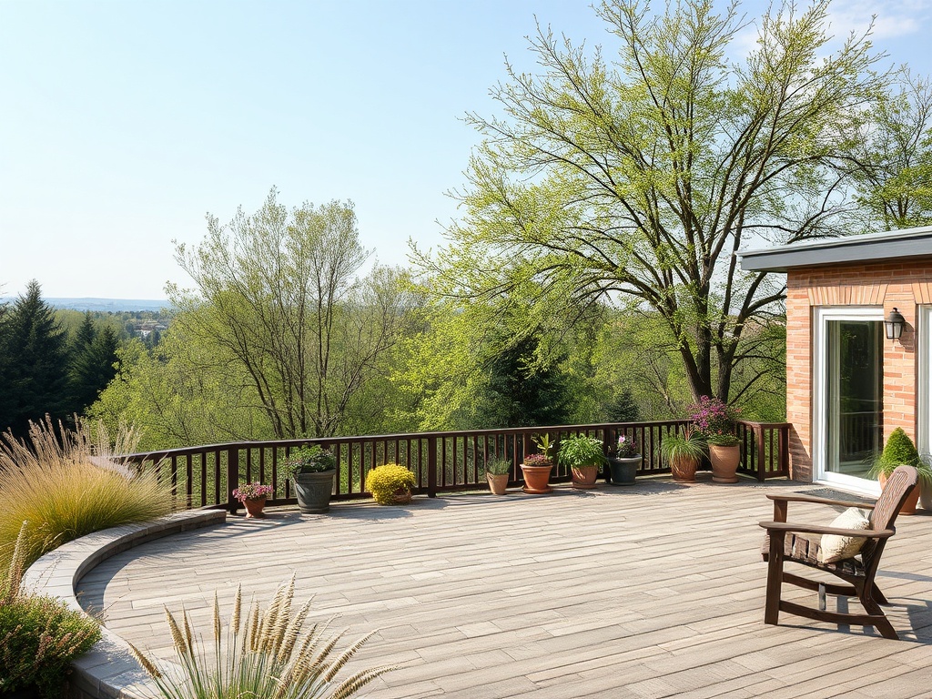 Уютная терраса с деревянным настилом, цветами и красивым видом на природу. Солнечный день и зелёные деревья.