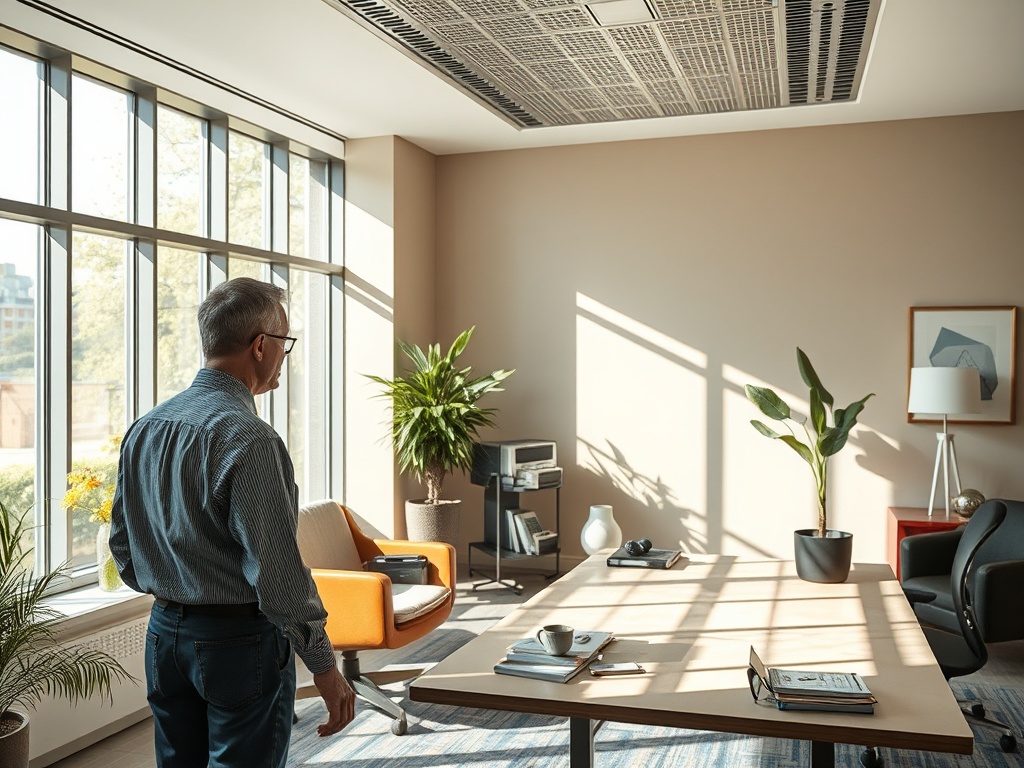 Мужчина в очках стоит в светлом офисе с большими окнами и растениям на столах.