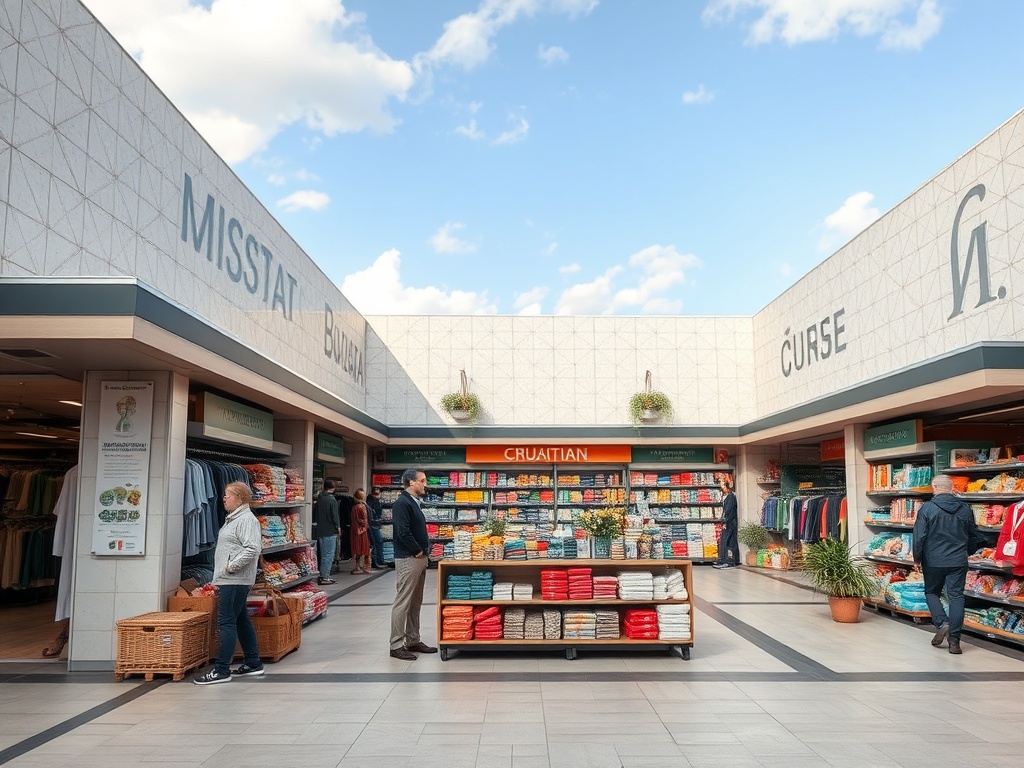 Светлый магазин с полками, заполненными текстилем, и покупателями, выбирающими товары. Яркое небо на фоне.