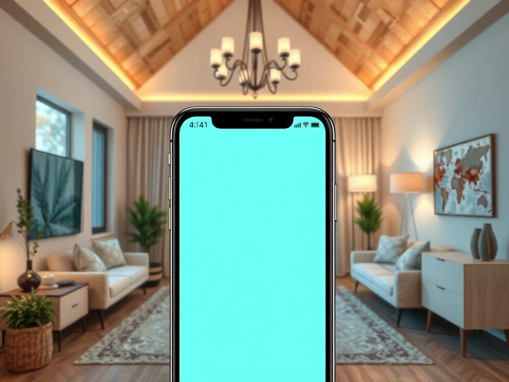На изображении уютная комната с телефоном на переднем плане и голубым экраном.