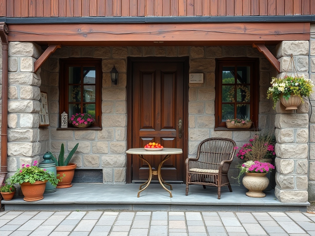 Красивая терраса с деревянной дверью, столиком, креслом и цветами в горшках. Уютная атмосфера.
