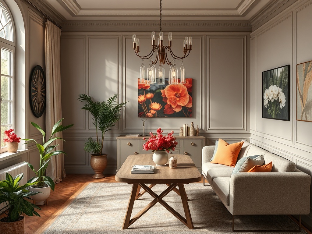 Современная гостиная с мягким диваном, деревянным столом и яркими цветами на стенах. Светлое и уютное пространство.
