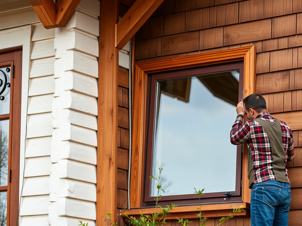 Мужчина в клетчатой рубашке заглядывает в окно деревянного дома. Рядом зелень.