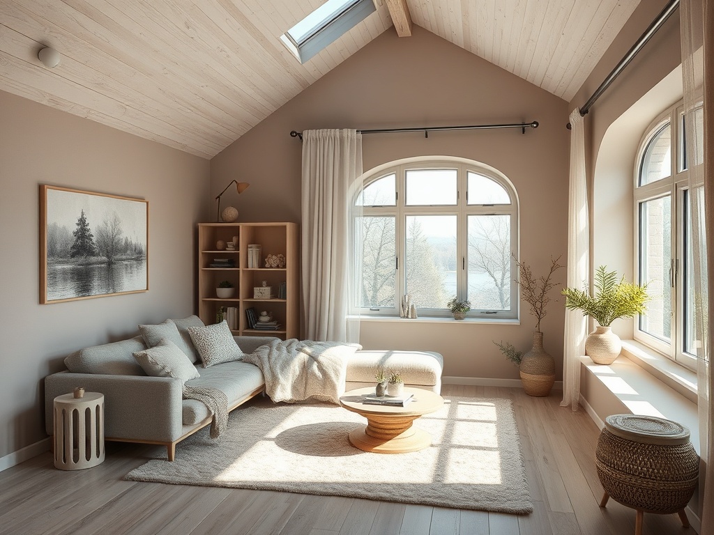 Светлая гостиная с высоким потолком, уютной мебелью и большими окнами, пропускающими много света.