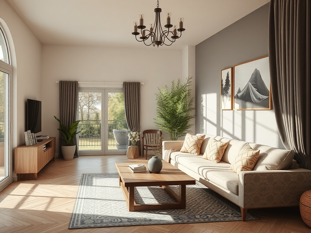 Современная гостиная с большим окном, светлой мягкой мебелью и стильным декором.