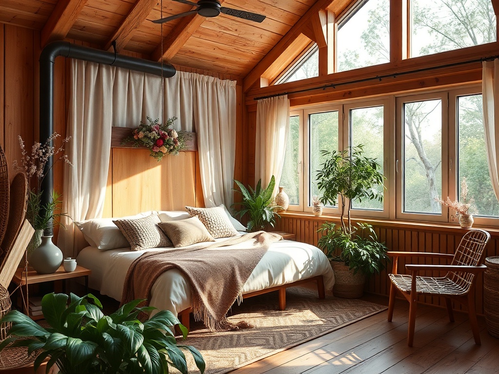 Уютная спальня с деревянными стенами, большими окнами и зелеными растениями. Спальная кровать с пледом.