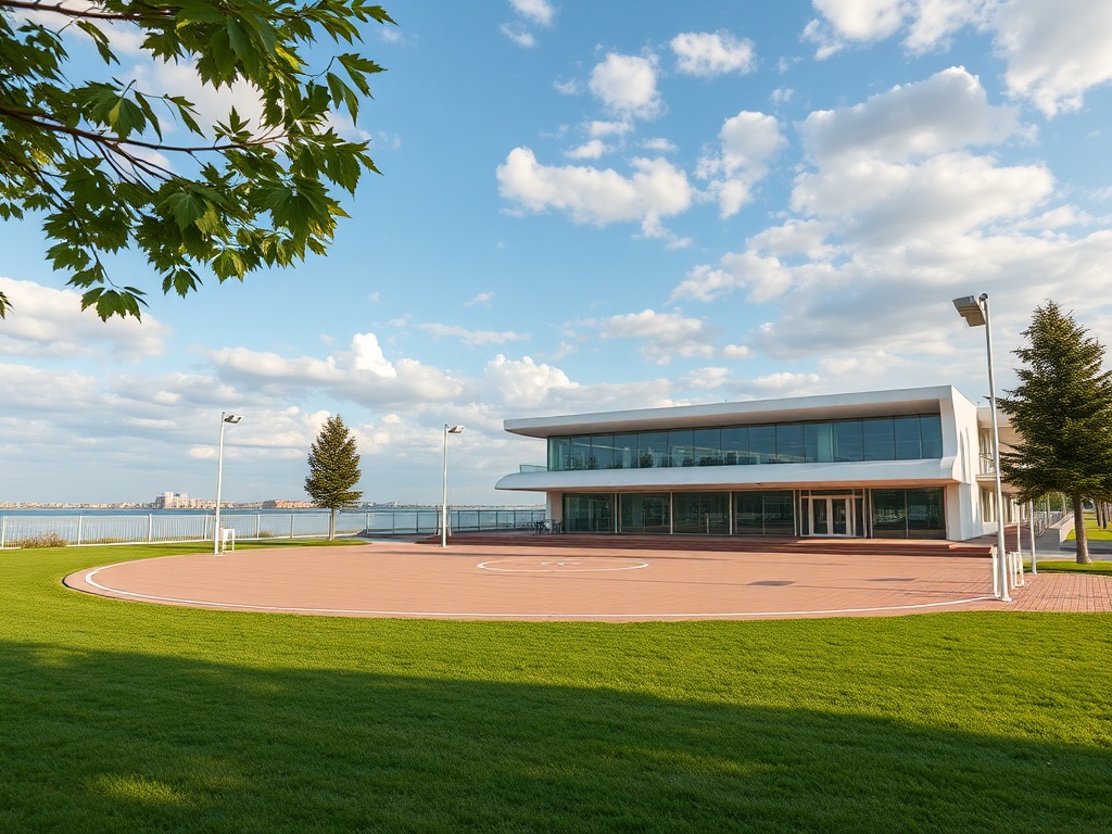 Современное здание у воды, окруженное зелеными газонами и деревьями, на фоне облачного неба.