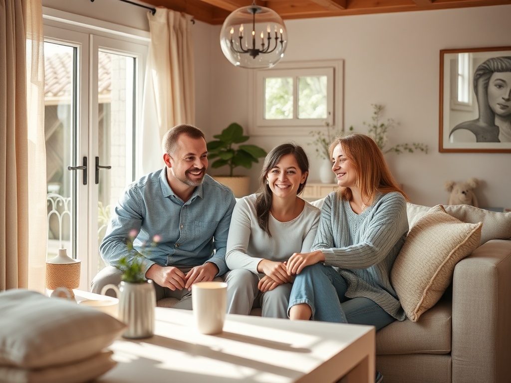 Трое друзей улыбаются и общаются в уютной комнате с большим окном и мягкой мебелью.