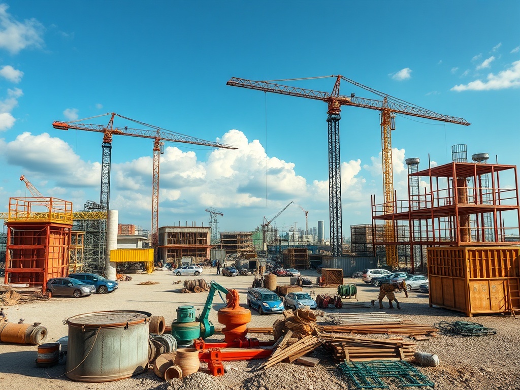 Строительная площадка с кранами, строительными материалами и машинами под ясным небом.