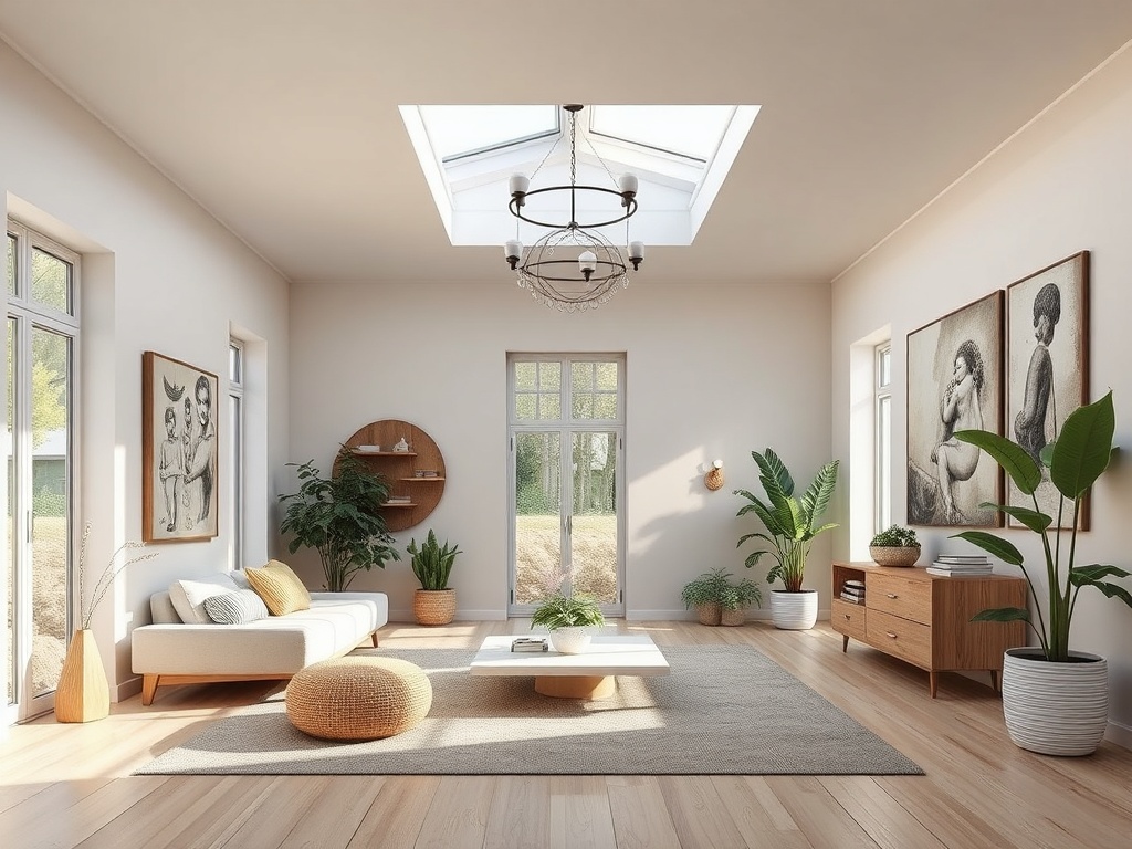 Светлая гостиная с большими окнами, двумя картинами и зелеными растениями, современная мебель и уютная атмосфера.