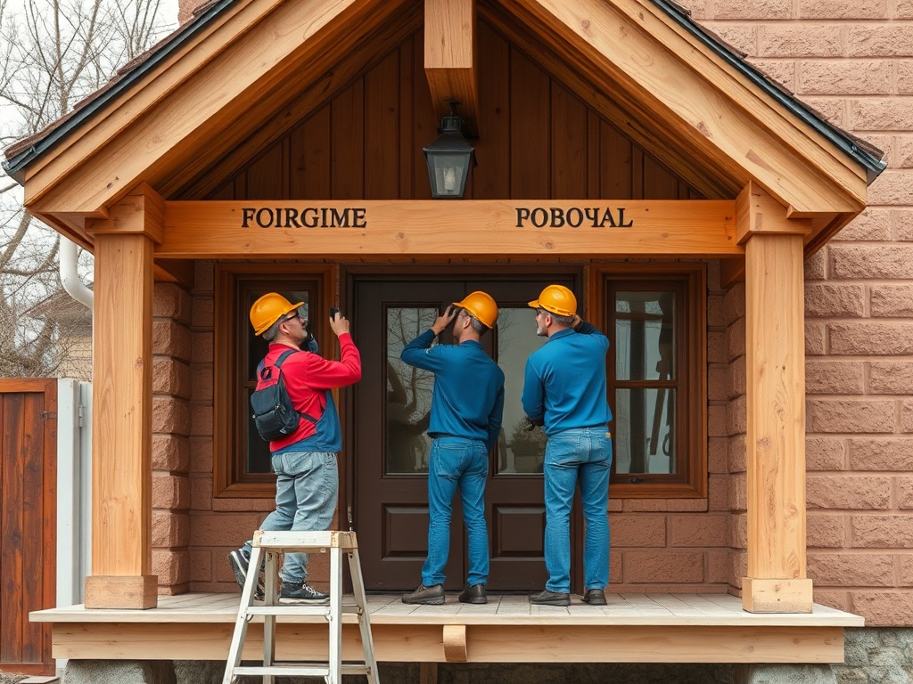 Изображение рабочих в касках, устанавливающих вывеску на входе дома с деревянным крыльцом.