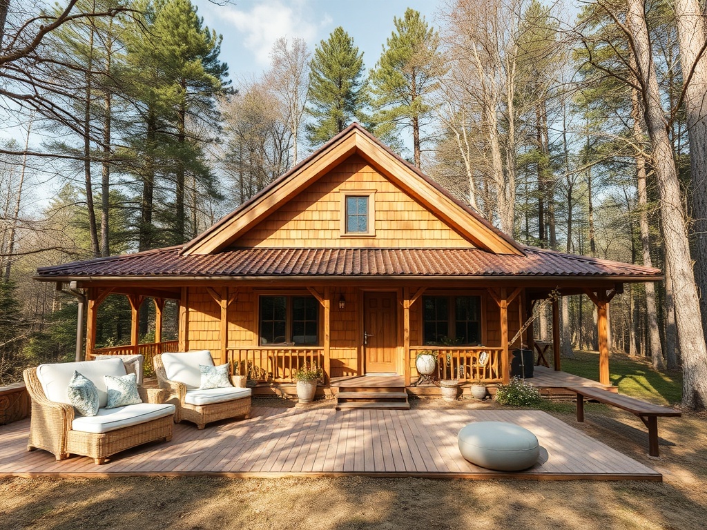Деревянный дом с террасой, окруженный лесом, на улице солнечная погода. Комфортная обстановка для отдыха.