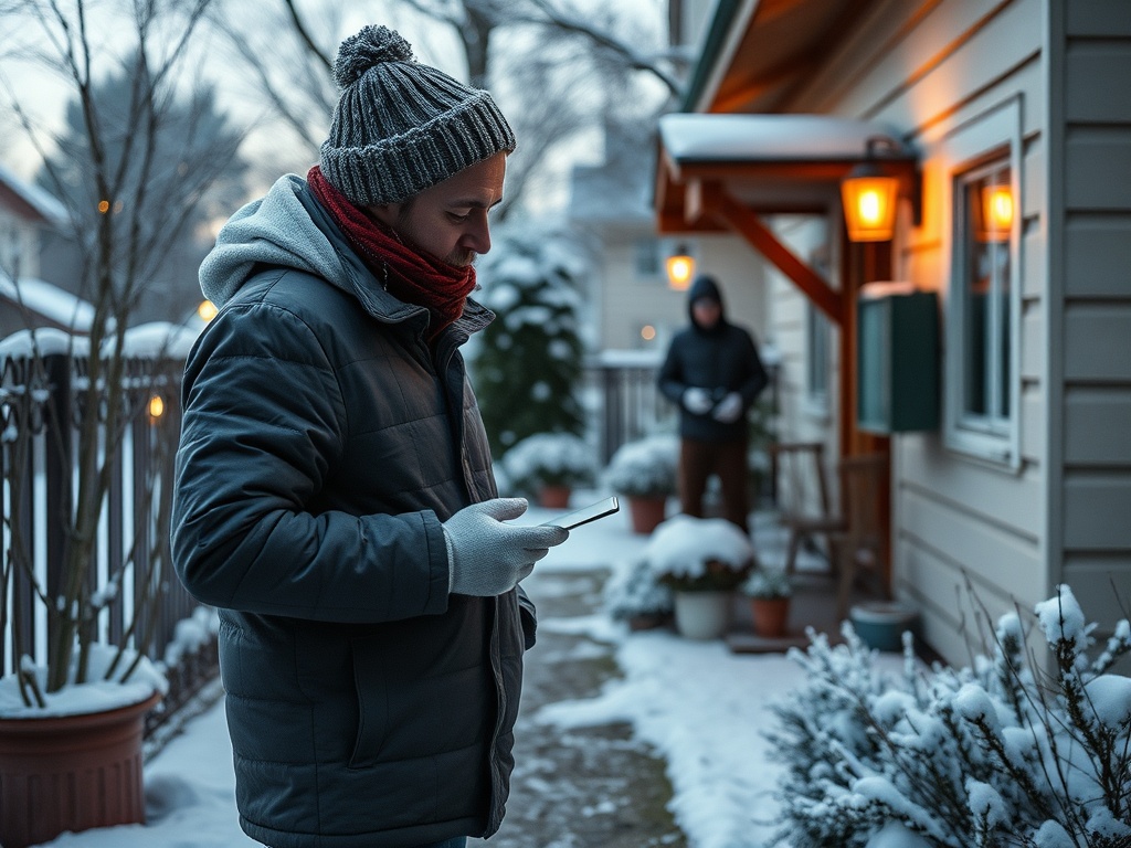 Мужчина в зимней одежде смотрит на телефон, на заднем плане другой человек стоит у дома в снегу.