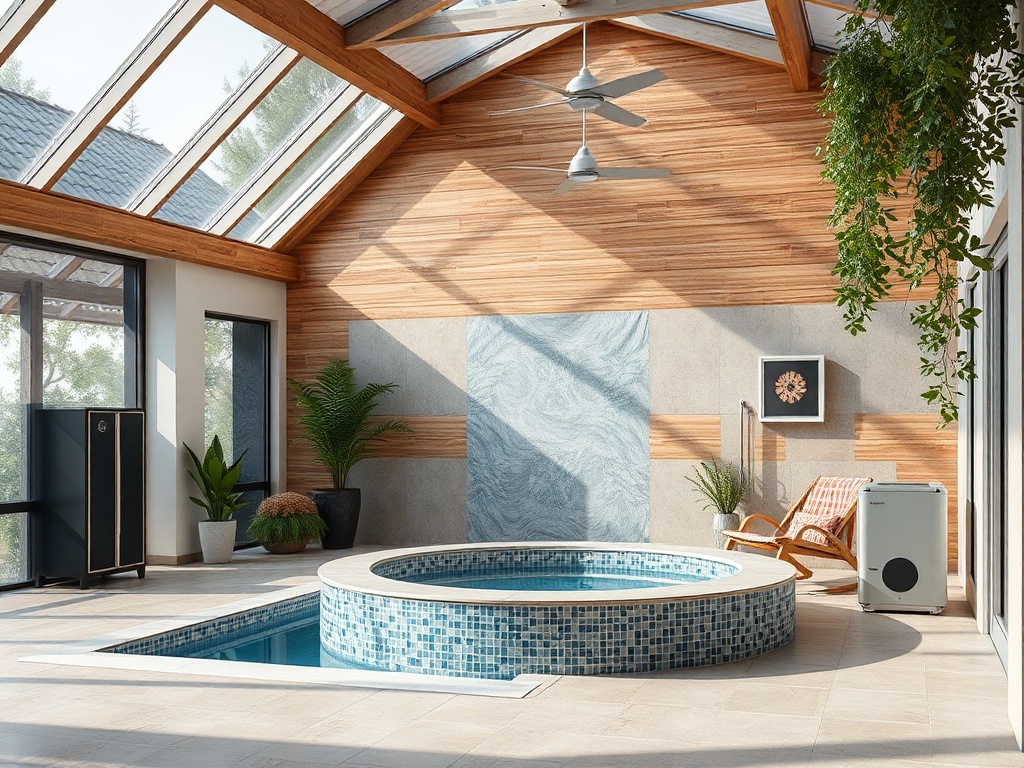 Современный интерьер с круглым бассейном, зелеными растениями и большими окнами для естественного освещения.