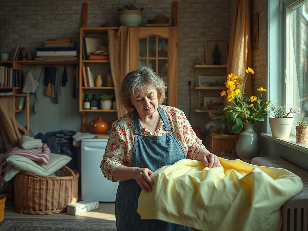 На изображении женщина средних лет аккуратно разворачивает желтую ткань в светлом, уютном интерьере.