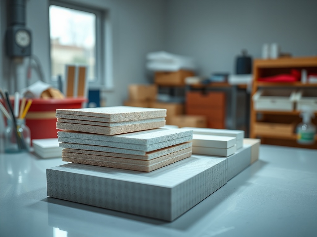 На столе разбросаны деревянные панели и материалы для обработки, на фоне рабочей мастерской.
