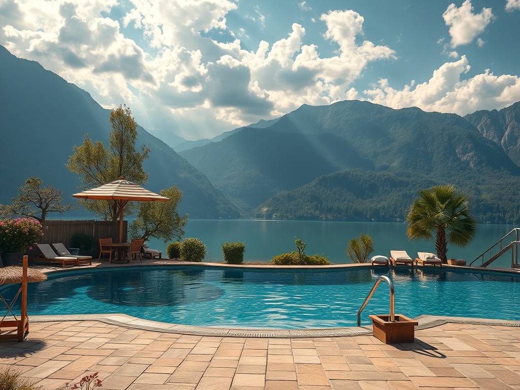 На изображении вид бассейна с лежаками и зонтом, окруженного горами и озером под облачным небом.