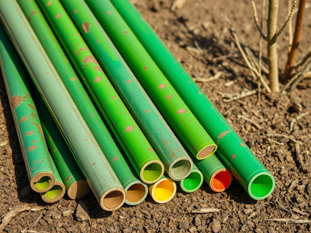 На изображении группа зеленых труб, лежащих на земле с желтыми, оранжевыми и красными концами.