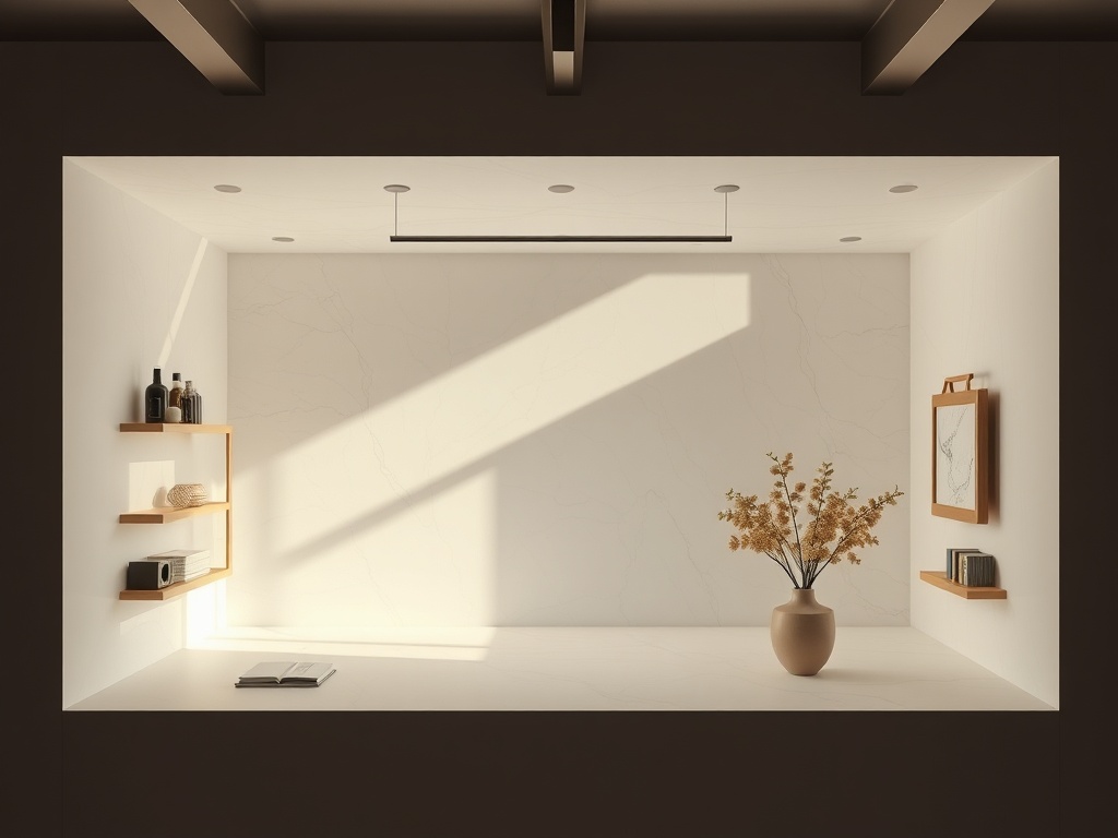 Минималистичный интерьер с полками, вазой с цветами и мягким светом на стене. Стильный и уютный уголок.