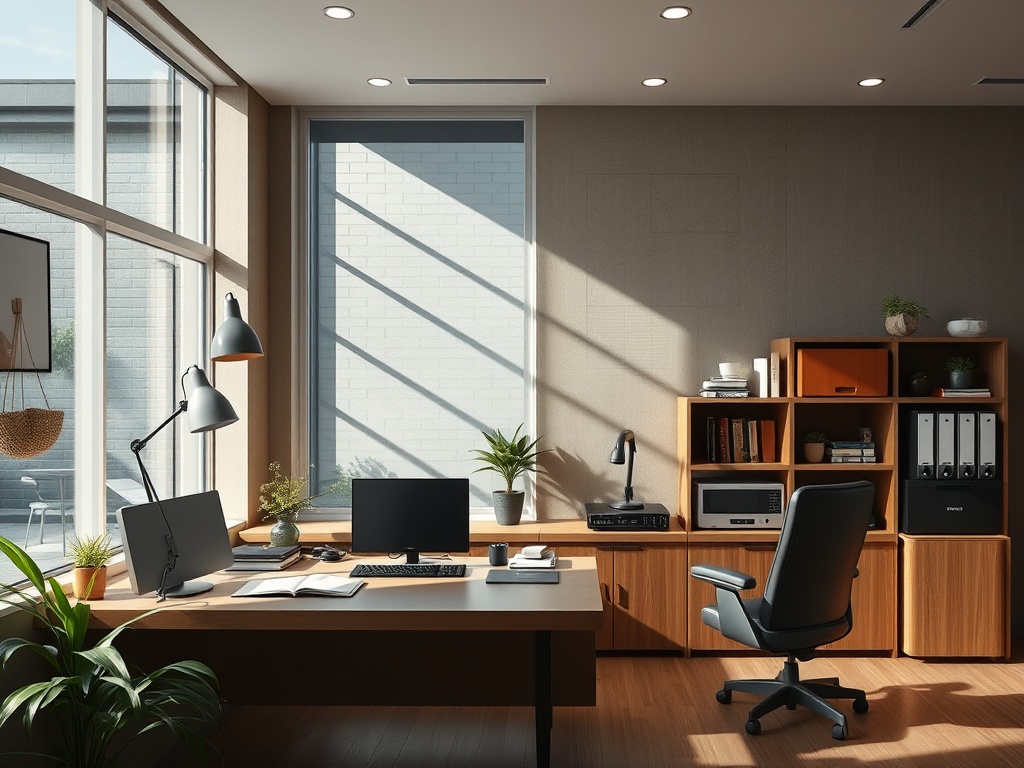 Современный офис с большими окнами, деревянной мебелью и зеленым декором, создающий атмосферу комфорта.