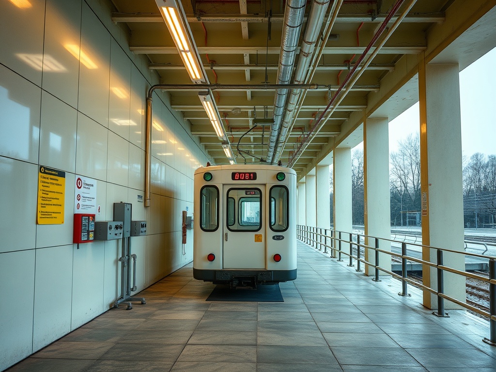 На станции ожидает вагон трамвая, освещенный верхними лампами, вокруг длинные колонны.